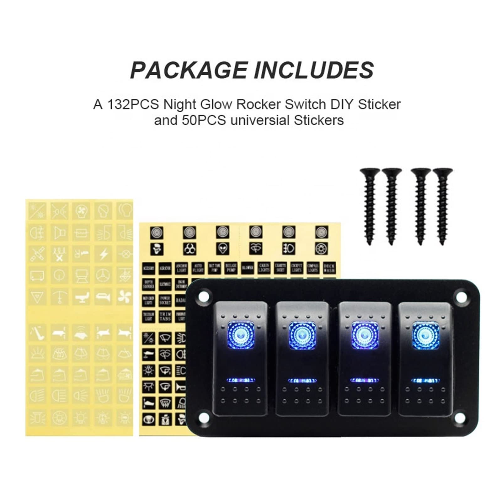 Lot De 4 Interrupteurs à Bascule – 12V/230V, 4 Pôles, Voyant Lumineux – Type Bateau, Autobloquant - 10