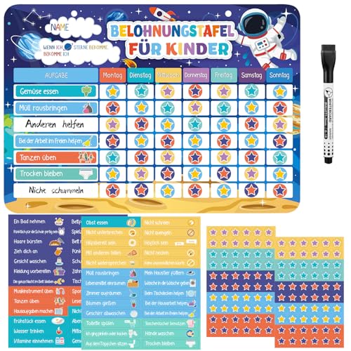 Magnetische Belohnungstafel Kinder, Magnettafel mit 52 Aufgaben Magnete und 120 Sternmagneten, Aufgabentafel Wochenplaner Belohnungssystem für Routine Verhalten Töpfchentraining (Weltraumplanet)