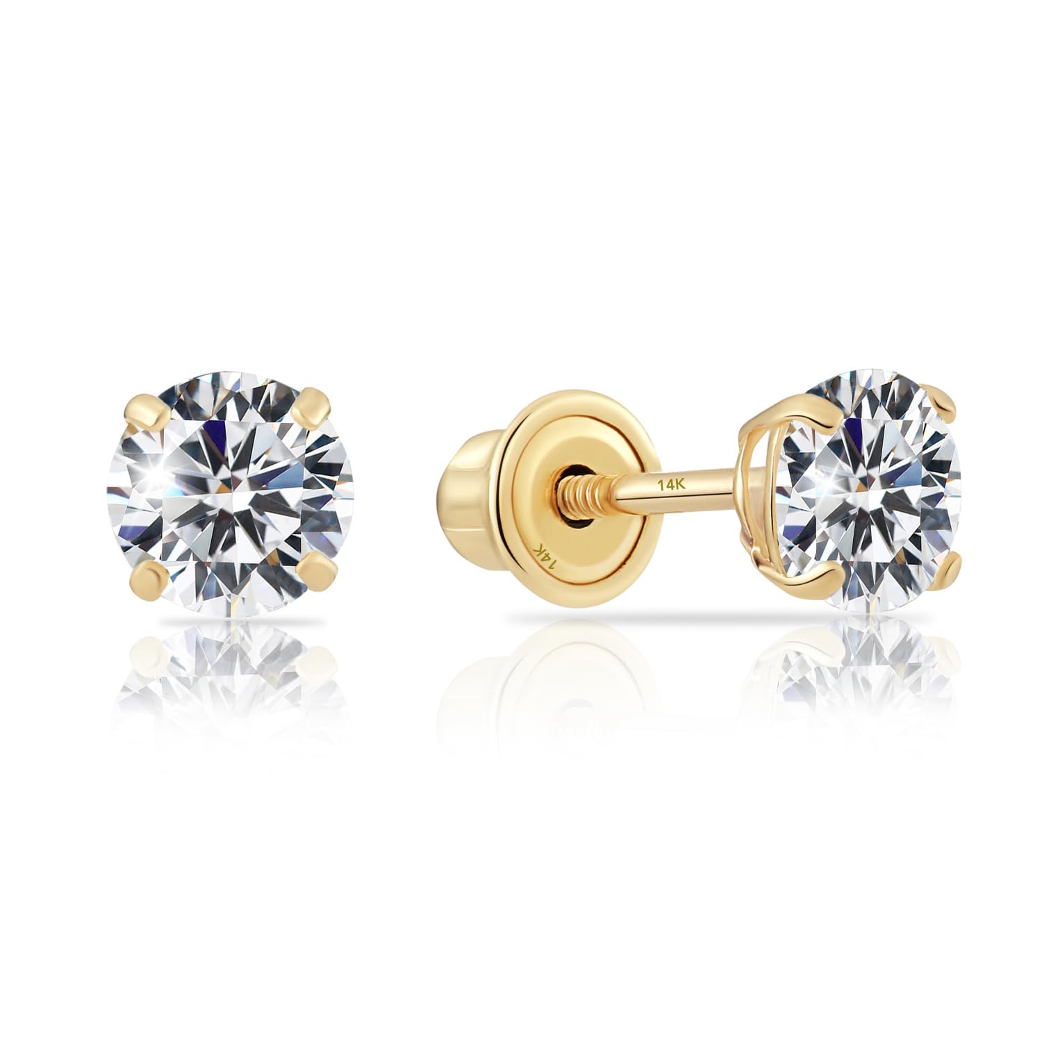 14k Yellow Gold Solitaire Round Cubic Zirconia Stud Earrings in Secure Screw-backs