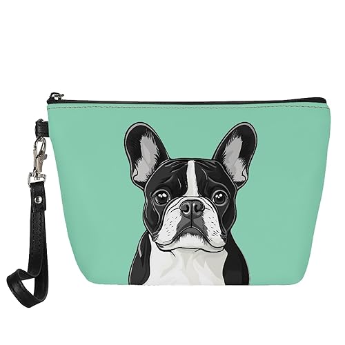 AFPANQZ Boston Terrier Bolsa de maquillaje con cremallera Bolsa de cosméticos de piel sintética para mujer con correa extraíble Neceser Tren Bolsa