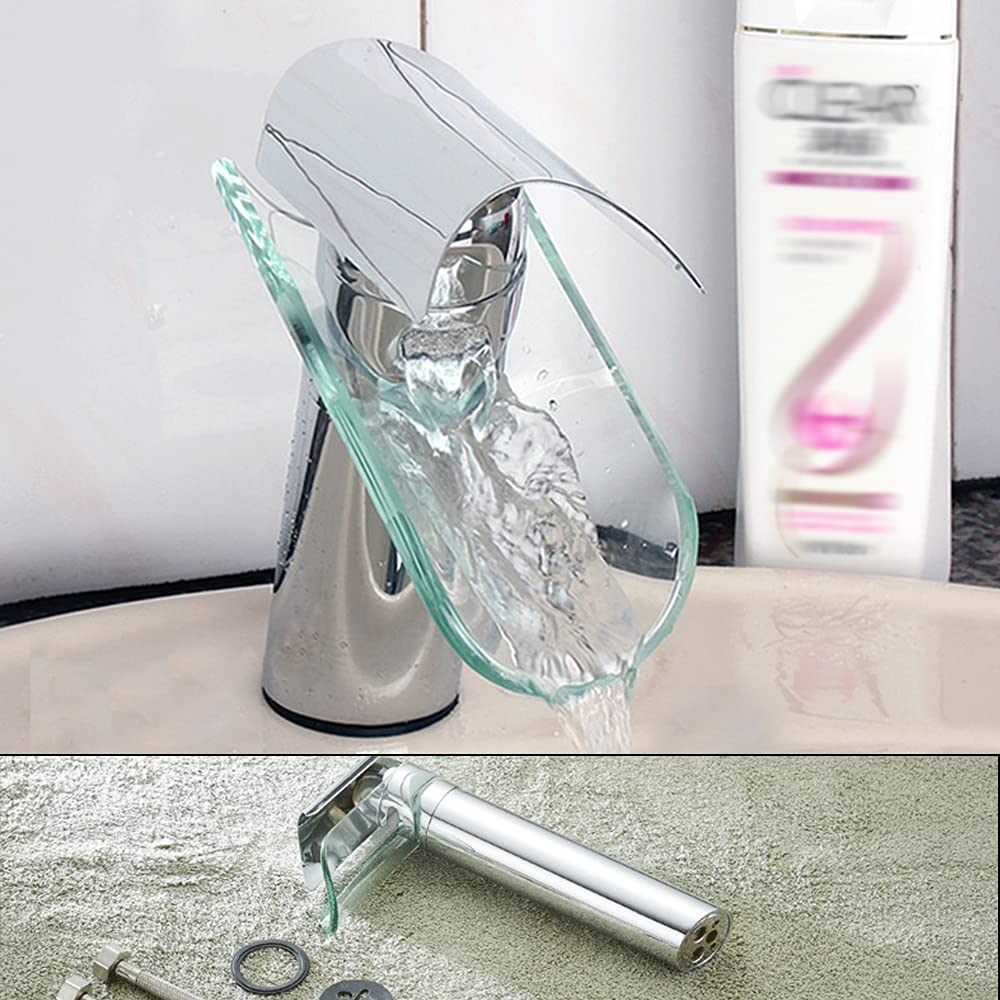 Robinet cascade en verre, mitigeur de lavabo de salle de bain, mitigeur monocommande, cuisine et salle de bain Robinet d'évier à poignée unique chromé