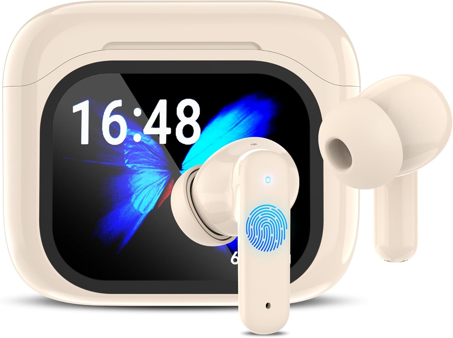 True Wireless Earbuds Bluetooth Headphones, Translation Earbuds Real-Time, AI Language Translator Earbuds with Active Noise Cancellation, LCD Touchscreen, Audifonos Traductores Inglés Español, Beige
