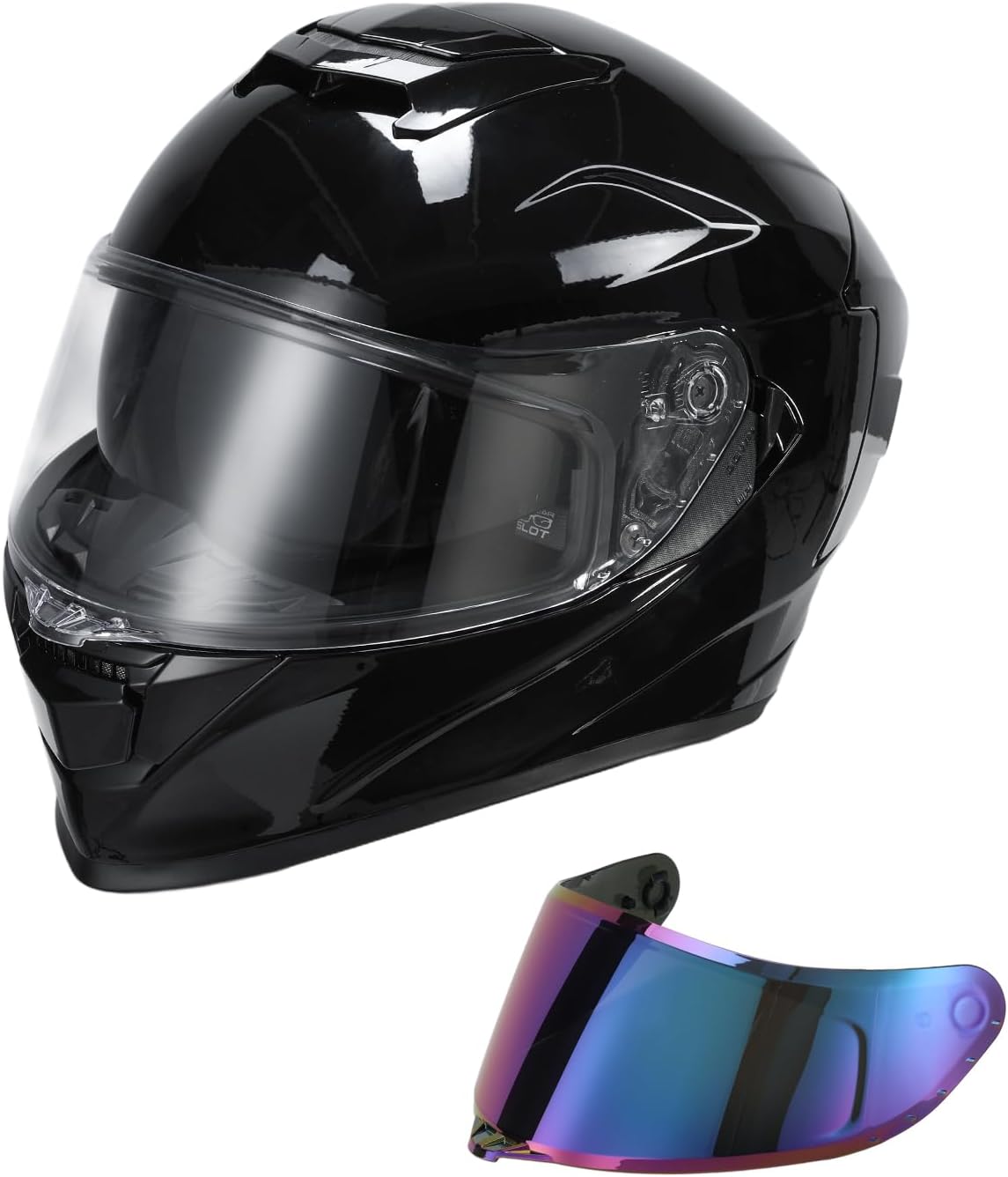 Full Face Motorcycle Helmet DOT Approved for Adults, Dual Visor Street Bike Helmet with Clear & Tinted Shield, Lightweight ABS Shell, Removable Liner Vivid Black-S