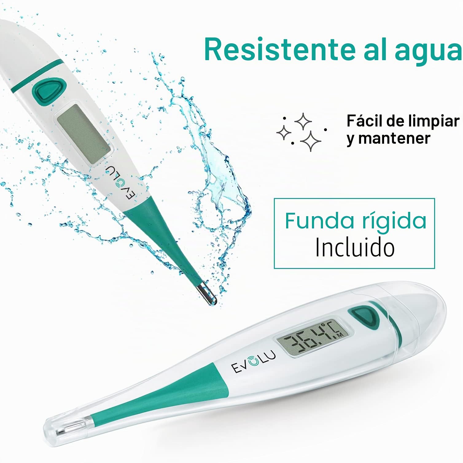 Evolu Termómetro digital - Mide la temperatura oral, rectal o axilar en 10 segundos - Punta flexible - Para bebés, niños, adultos - Exactitud hasta 0,1°C Pantalla de fácil lectura con funda