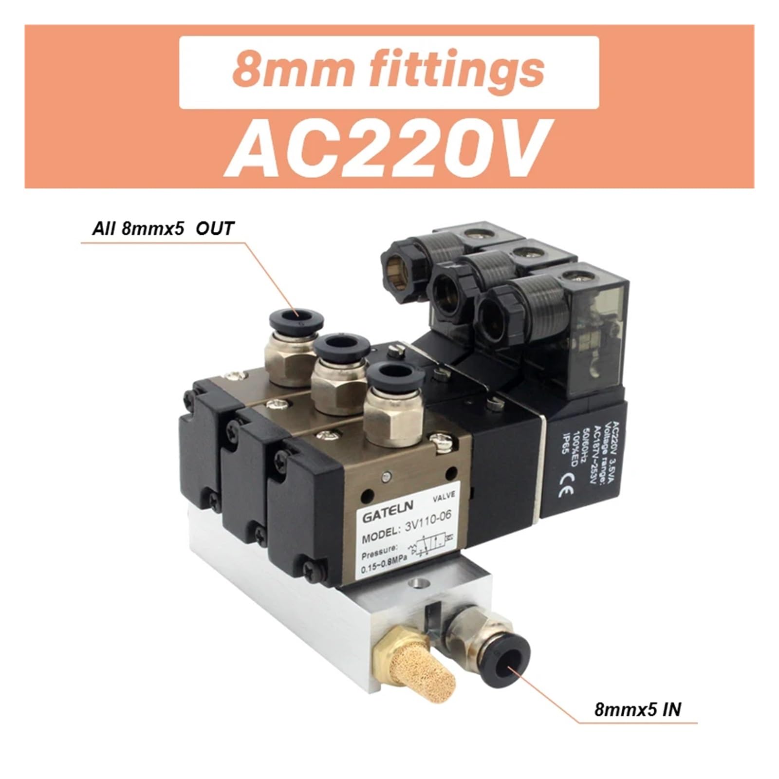 3V110-06-NO normalnie otwarty blok stacji elektromagnetycznej z podstawowym kolektorem akcesoriów do tłumika DC12v DC24v AC110v AC220v 3 porty (złącza AC220V 8mm)