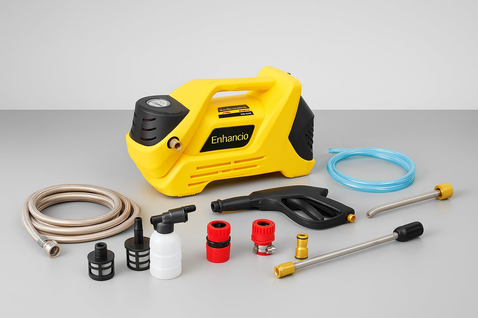 enhancio high pressure washer, car washer, 2200 watts motor, 150 bars pressure, 9 l/min flow rate, 5 meters outlet hose, portable, car, bike & home cleaning, yellow