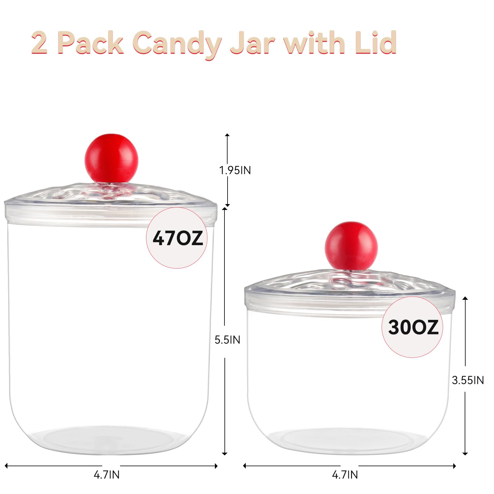 2 Pack Candy Jars with Lids - 47 + 30 OZ Clear Plastic Candy Canister Airtight Food Storage Containers for Kitchen Pantry Office Party Organize Home Decorative Cookie Sugar Tea Coffee Snacks