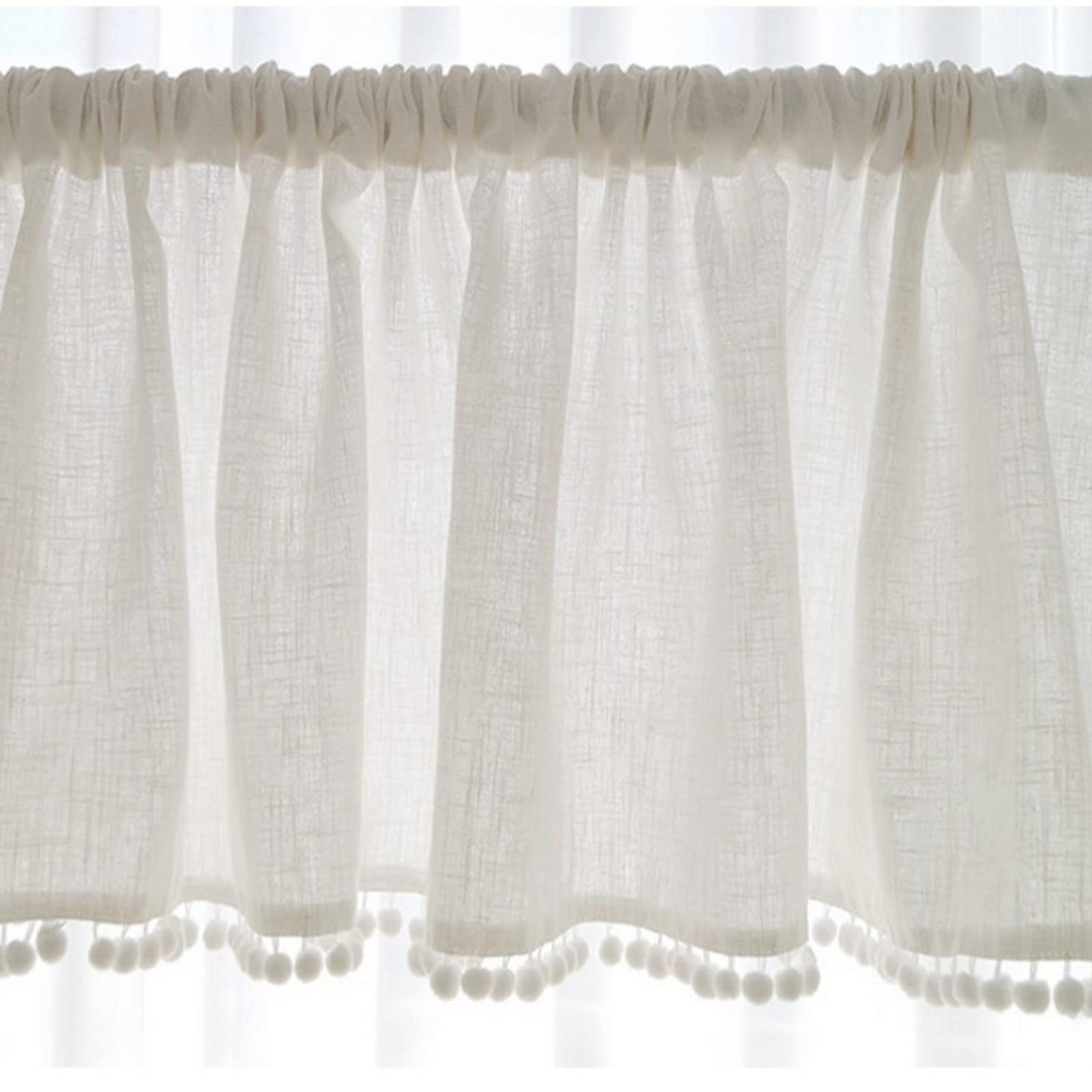 A.Monamour Gardine Scheibengardinen Kurzstores Einfarbig Weißes Transparent Baumwolle Leinen Mit Pompon Quaste Kurzvorhang Kurzgardinen Küchengardine Volants Küche Fenster Kurz Vorhang Bistrogardine