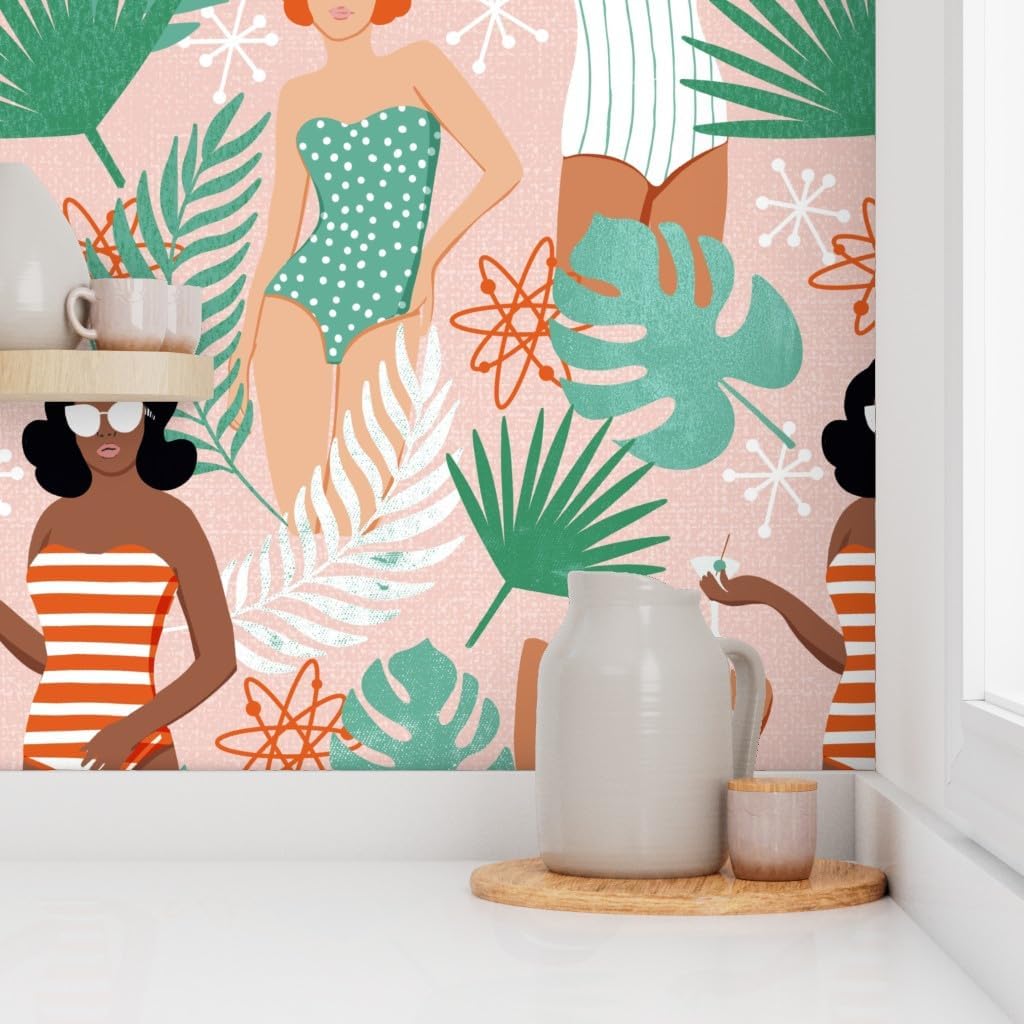 Spoonflower Peel & Stick Wallpaper 6ft x 2ft - Palm Summer Beach Feminine Women Girl Power Custom Removable Wallpaper