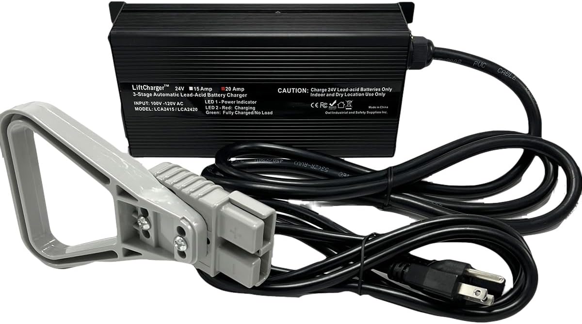 24 Volt 20 Amp Pallet Jack and Scissor Lift Battery Charger with Gray SB175 175A Quick Connect Plug and Handle