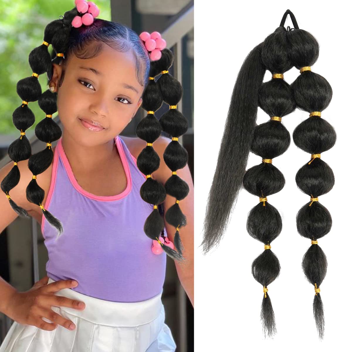 Afro Puff Bubble Ponytail Extension for Girl Black Pony Tail,Two Packs Pony Tail Protective Style Kinky Straight Ponytails Lantern 18Inch Hair Piecesfor Girl 1B One Pack (Two Strands))