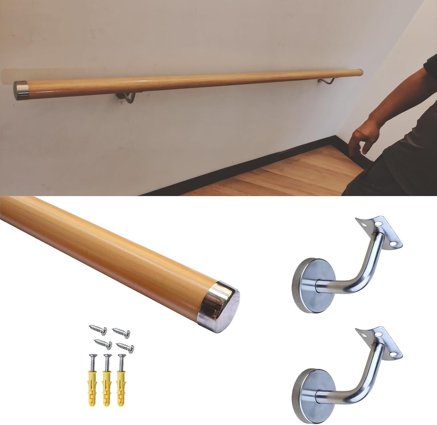 Gyeqxkt Wood Color Pvc Handrail For Indoor & Outdoor Stairs Non Slip Stair Railing With Wall Mount Brackets 1.4M (4.5Ft) Length Ideal For Safety & Style