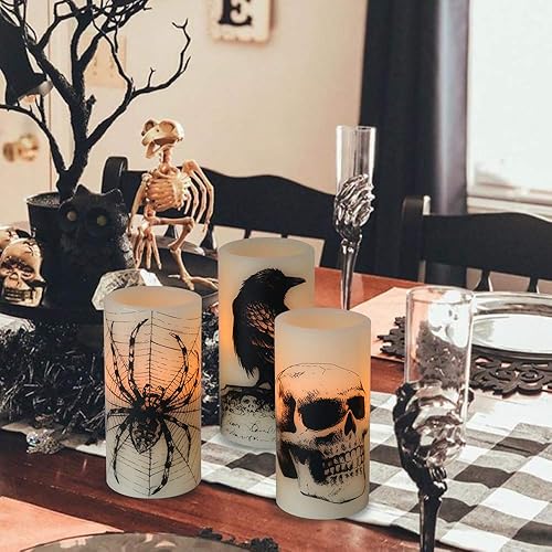 Miniatura 7 de Wondise Velas parpadeantes sin llama de Halloween con temporizador de 6 horas, velas LED de cera real que funcionan con pilas, juego de 3 velas de