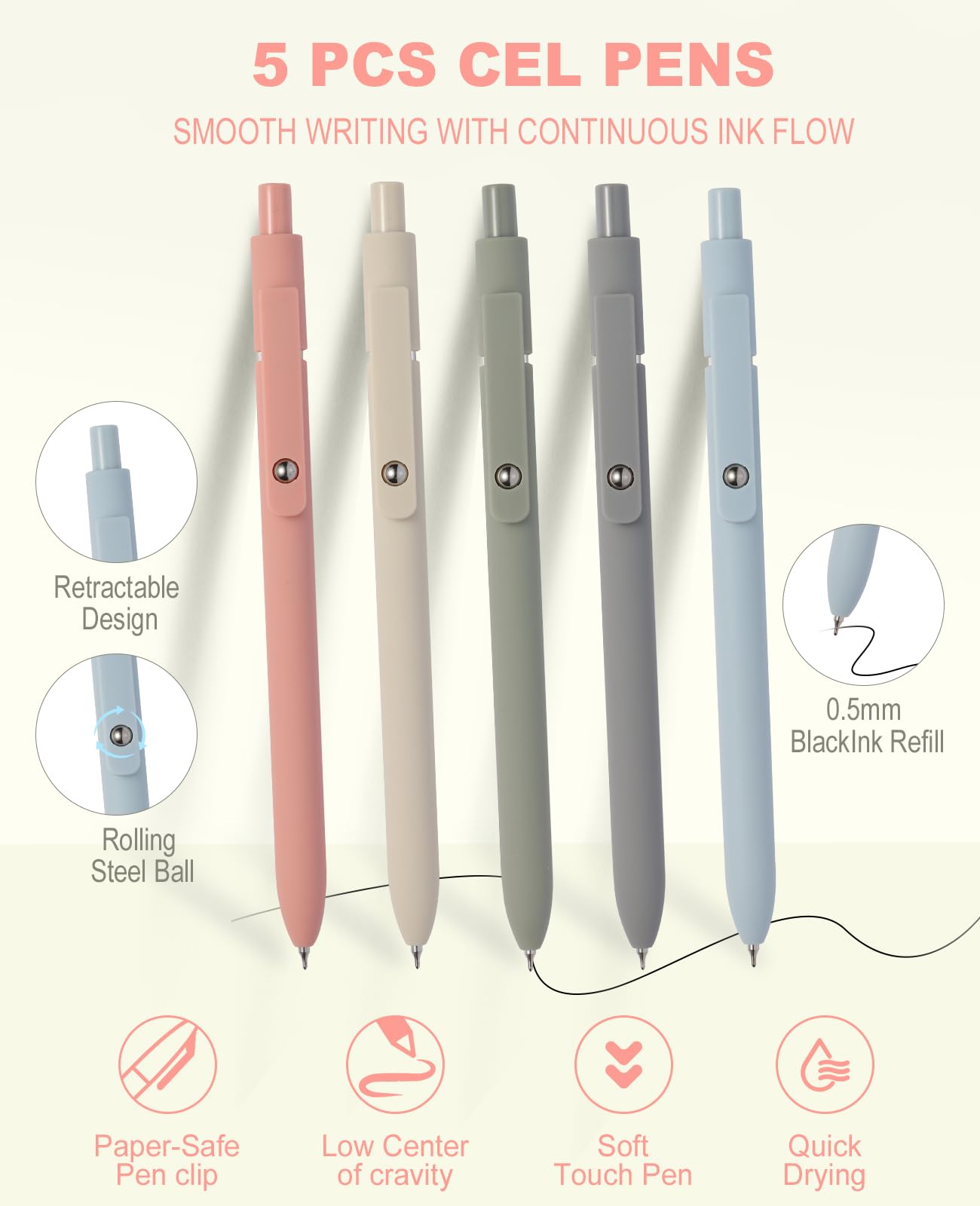 Ästhetisches Schulzubehör mit großem Federmäppchen, 5 inspirierende Kugelschreiber, 12 Pastell-Textmarker, 5 schwarze Gelstifte, 6 Druckbleistifte 0,5–0,7 mm, für Schüler (Beige)