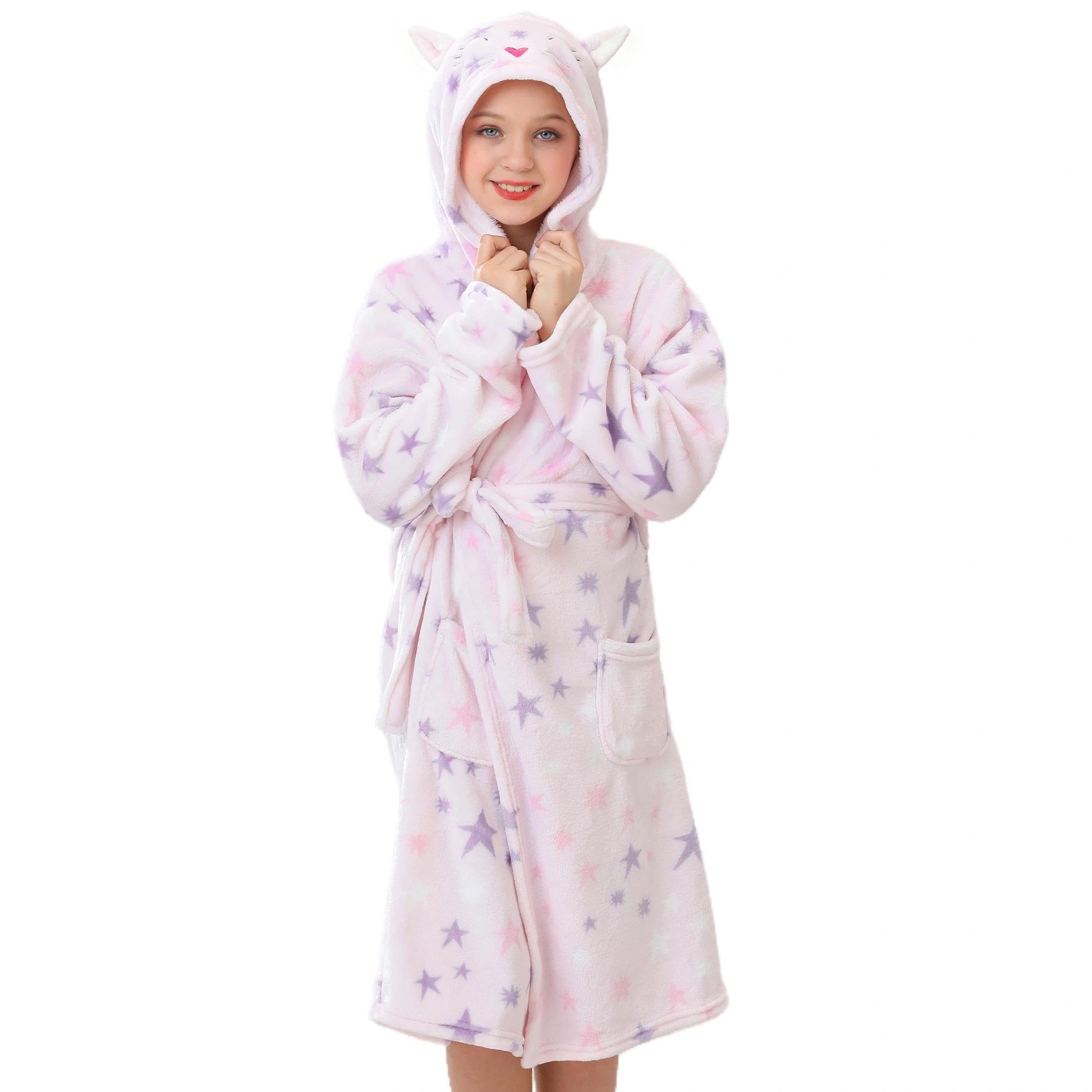 V.&amp;GRIN Girls Fleece Hooded Robe, Soft Unicorn Bathrobe for Kids 5-14 Years