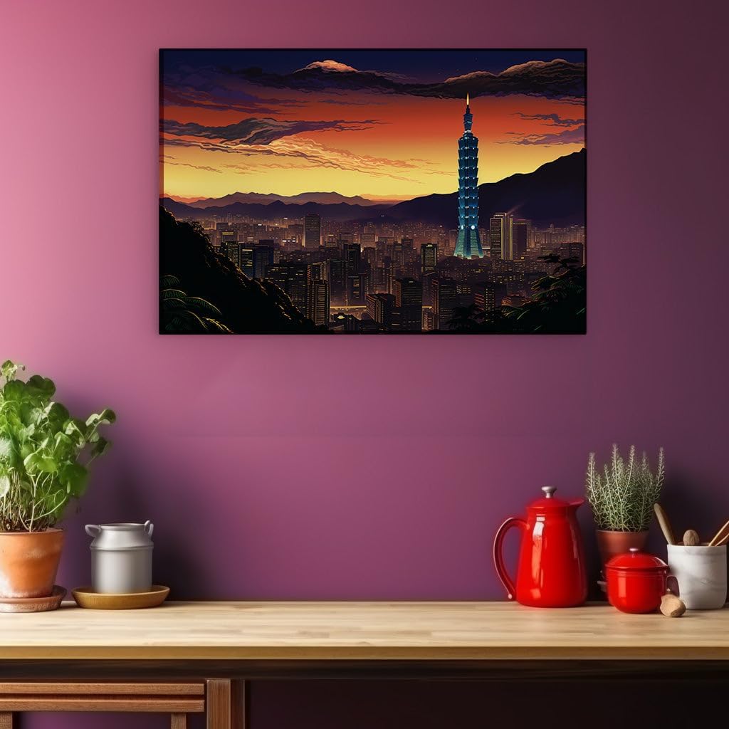 Canvas for Living room. Dusk in Taipei: Serene Cityscape and the Glowing Taipei 101 Beacon, 27 x 18 inch Canvas Wall Art - Ready to Hang