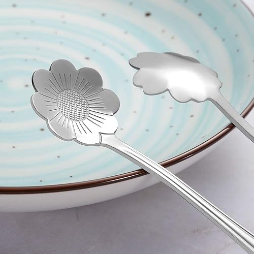 Miniatura 6 de AnSaw Juego de 8 cucharas de flores, de acero inoxidable, reutilizables, para revolver, café, pastel, postre, helado, vajilla para fiestas de té