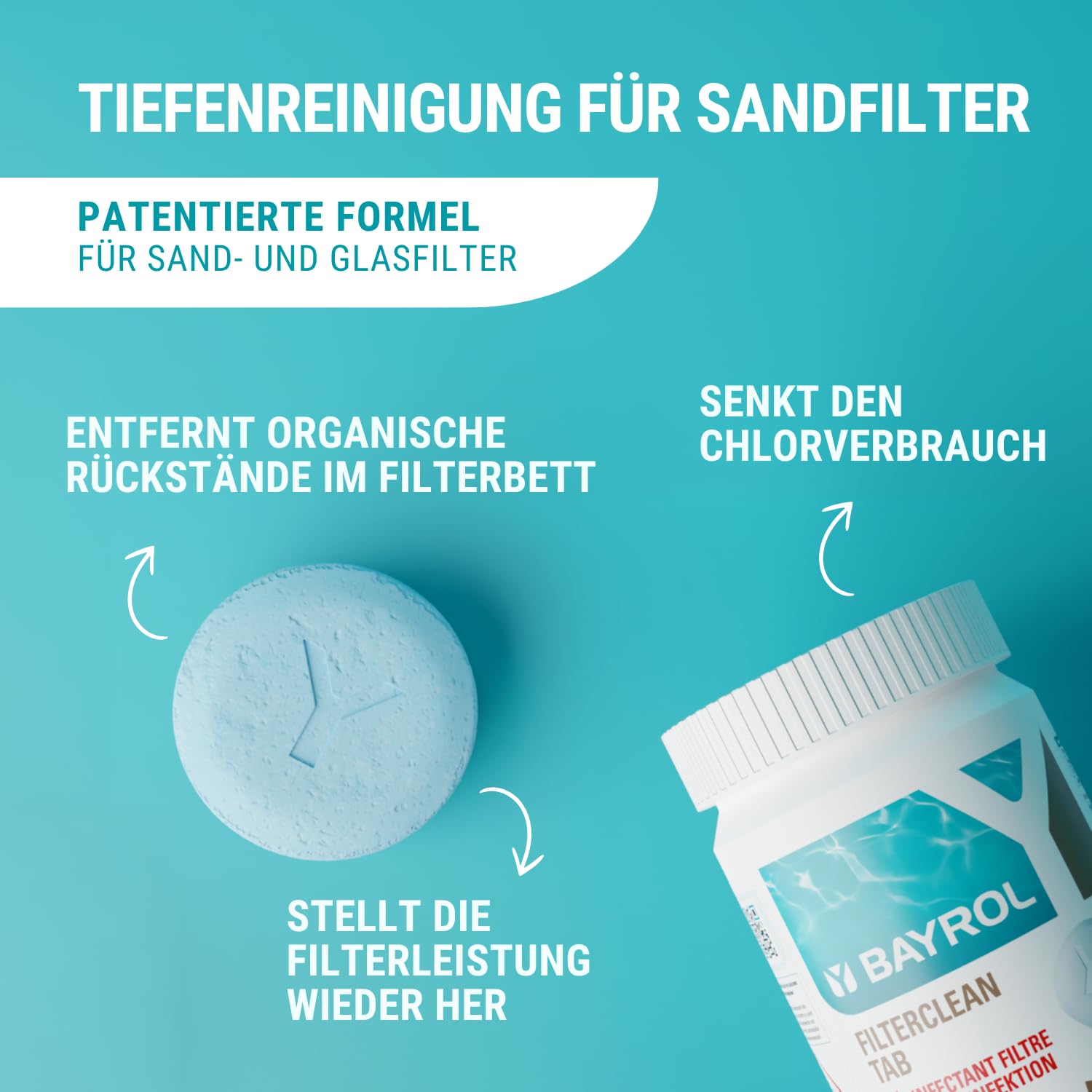 Bayrol Filterclean Tab 1 kg - Starkes Desinfektionsmittel für Filteranlagen mit Sand/Glas - Intensive Desinfektion des Filtermaterials - Filterreinigung und Filterdesinfektion, Weiss