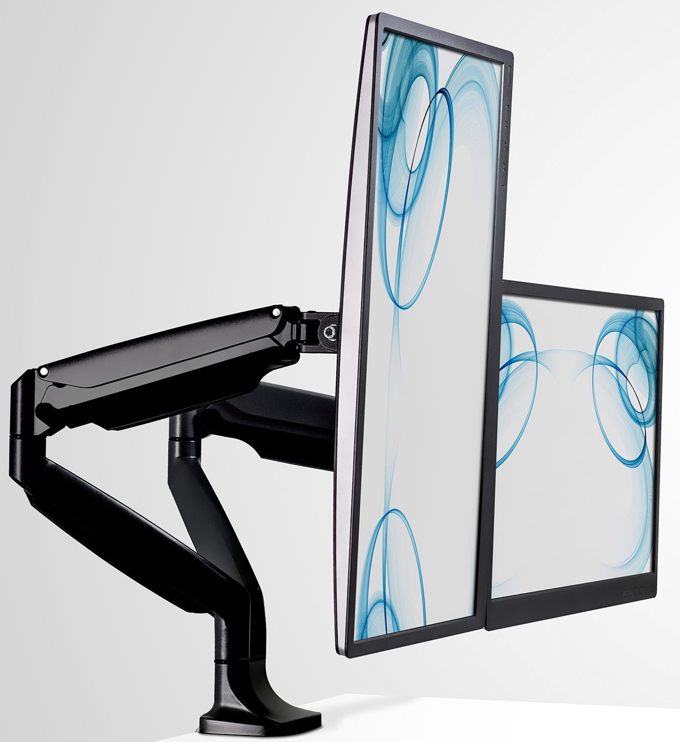 black dual monitor arm mount with gas spring height adjustment