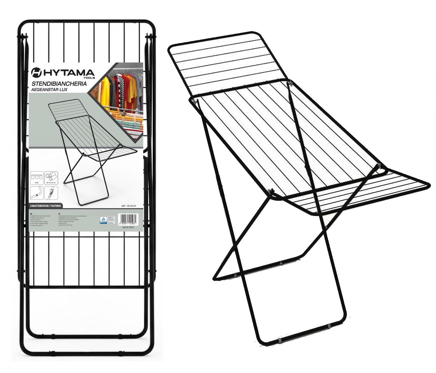 HYTAMA TOOLS Stendibiancheria AEGEANSTAR Nero da Pavimento, 18 METRI DI STENDITURA,100% Acciaio-Stendino Pieghevole con Piedini Antiscivolo, Sistema Anti-Chiusura 182x55x102cm Certificato TUV