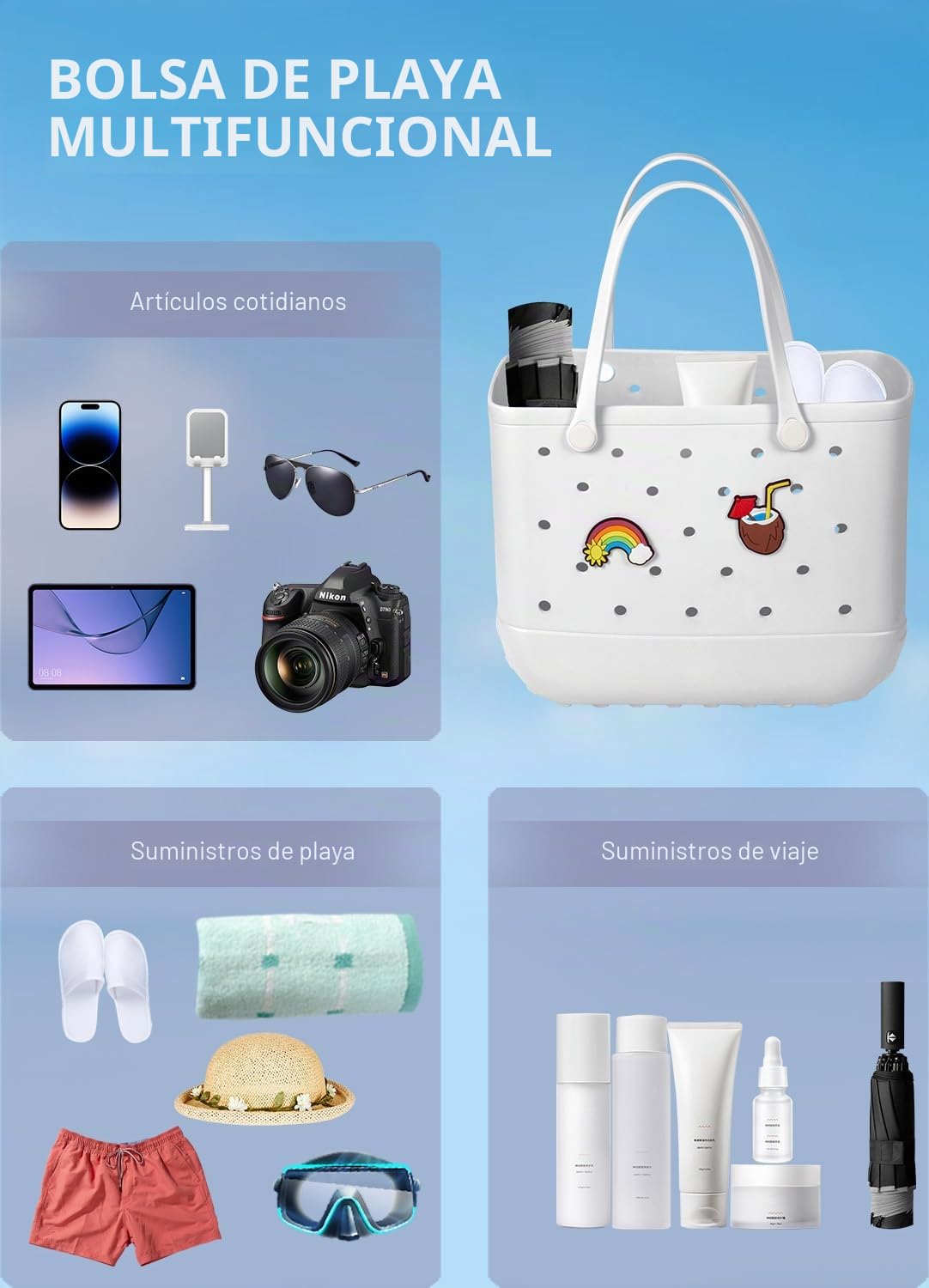 Bolsa de playa de goma, bolsa de viaje impermeable para mujer, lavable, bolsa de mano para deportes, playa, mercado, piscina