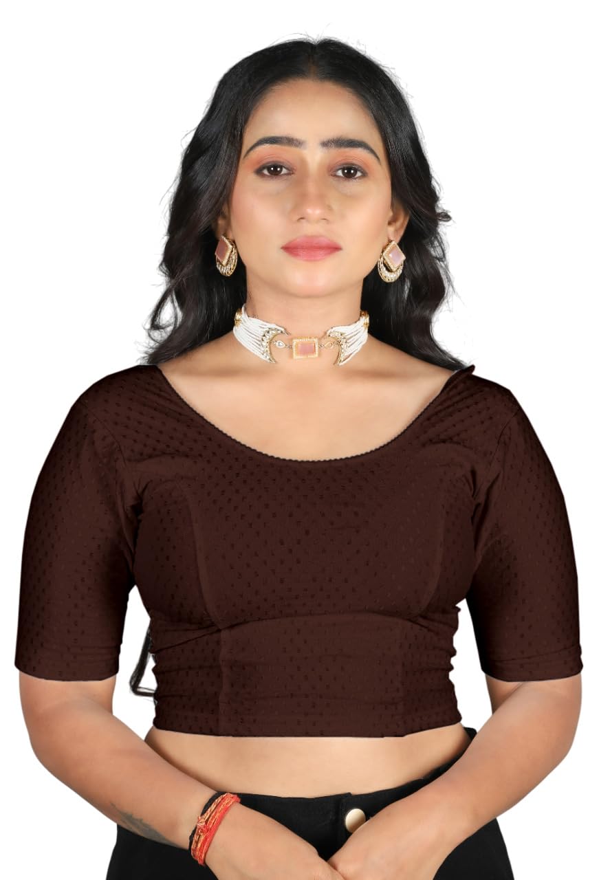 mrswears Women's Slim Fit Readymade Stretchy 100% Pure Cotton Dobby Elbow Length Saree Blouse-picture-57