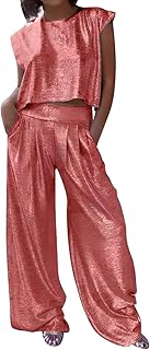 Duohropke Conjunto de dos piezas para mujer, camiseta sin mangas con lentejuelas y cuello redondo y cintura elástica, pantalones para exteriores, juego brillante