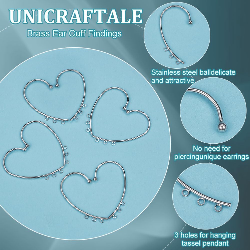 UNICRAFTALE 12Pcs Platinum DIY Ear Cuff Metal Earring Cuffs Tassel Ear Wrap Earring Cuffs Accessories with 3 Loop 50mm Long Ear Cuff for Non Piercing Tassel Earring Making