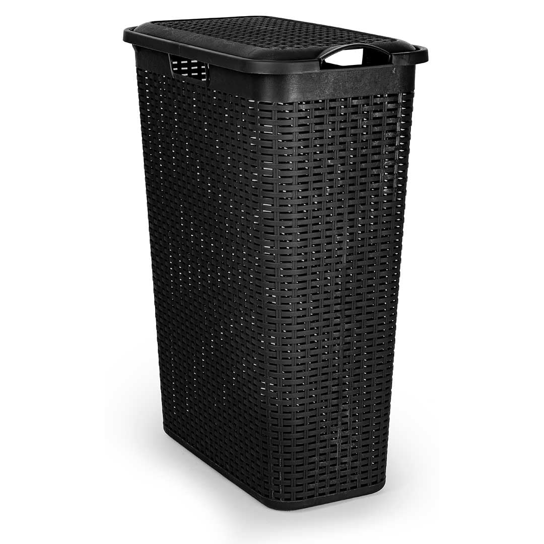 Slim Rattan Laundry Basket with Lid - 48.5 L Plastic Wicker-Style Hamper, Space-Saving & Durable Washing Bin for Bathroom, Bedroom or Utility Room (Black)