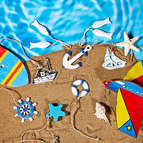 22 Pieces Wooden Nautical Hanging Nautical Christmas Ornaments Beach Decorations for Home Anchor Life Ring Sea Star Sailboat Beach for Coastal Christmas Tree Home Decor Craft