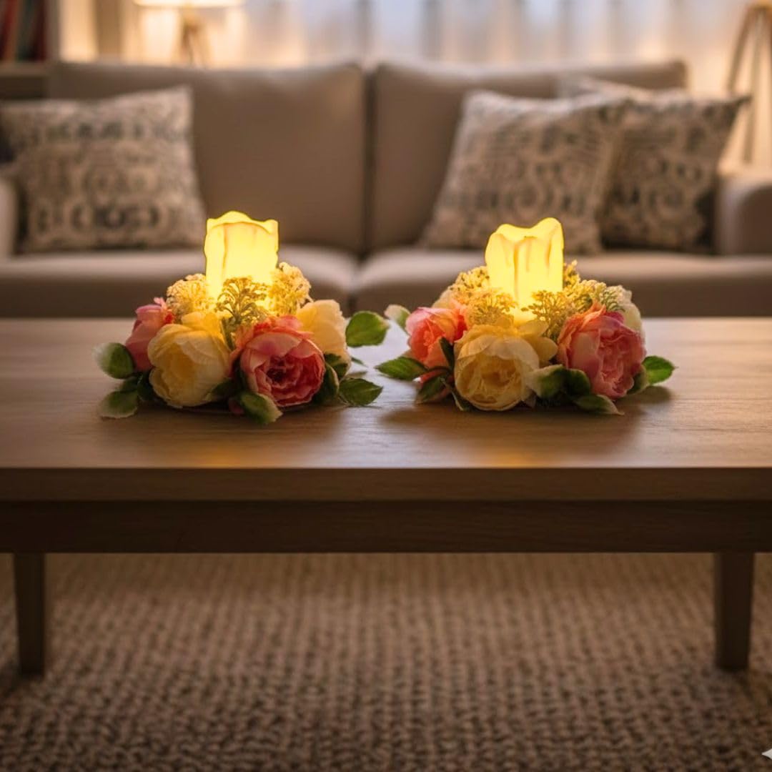 SATYAM KRAFT 2 Pcs Handmade Artificial Flower Centerpiece with Candle – Elegant Table Decoration for Home Decor, Weddings, Diwali, Festivals & Gifting-image-46
