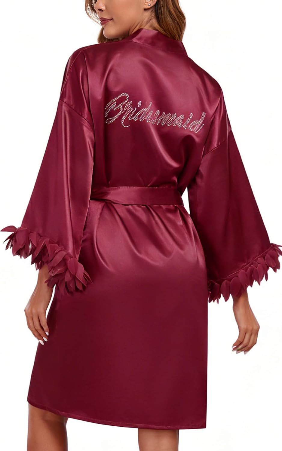 Women's Bride Bridesmaid Robes with Rhinestones Petal Trim Short Satin Kimono Robe for Wedding Party Getting Ready