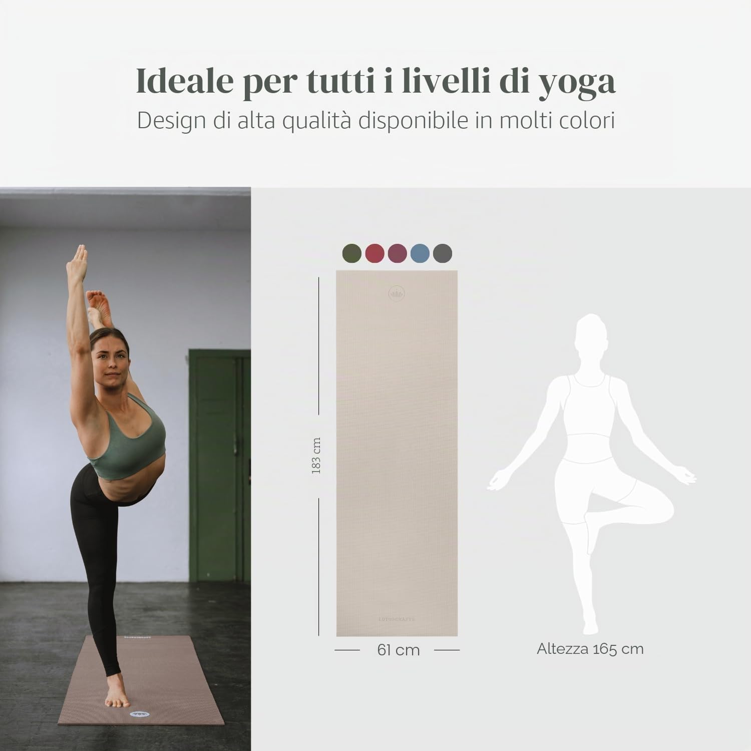 Lotuscrafts® Tappetino da yoga antiscivolo, 183 x 61 x 0,5 cm, leggero anche come tappetino da ginnastica, tappetino sportivo, delicato sulla pelle e privo di sostanze nocive