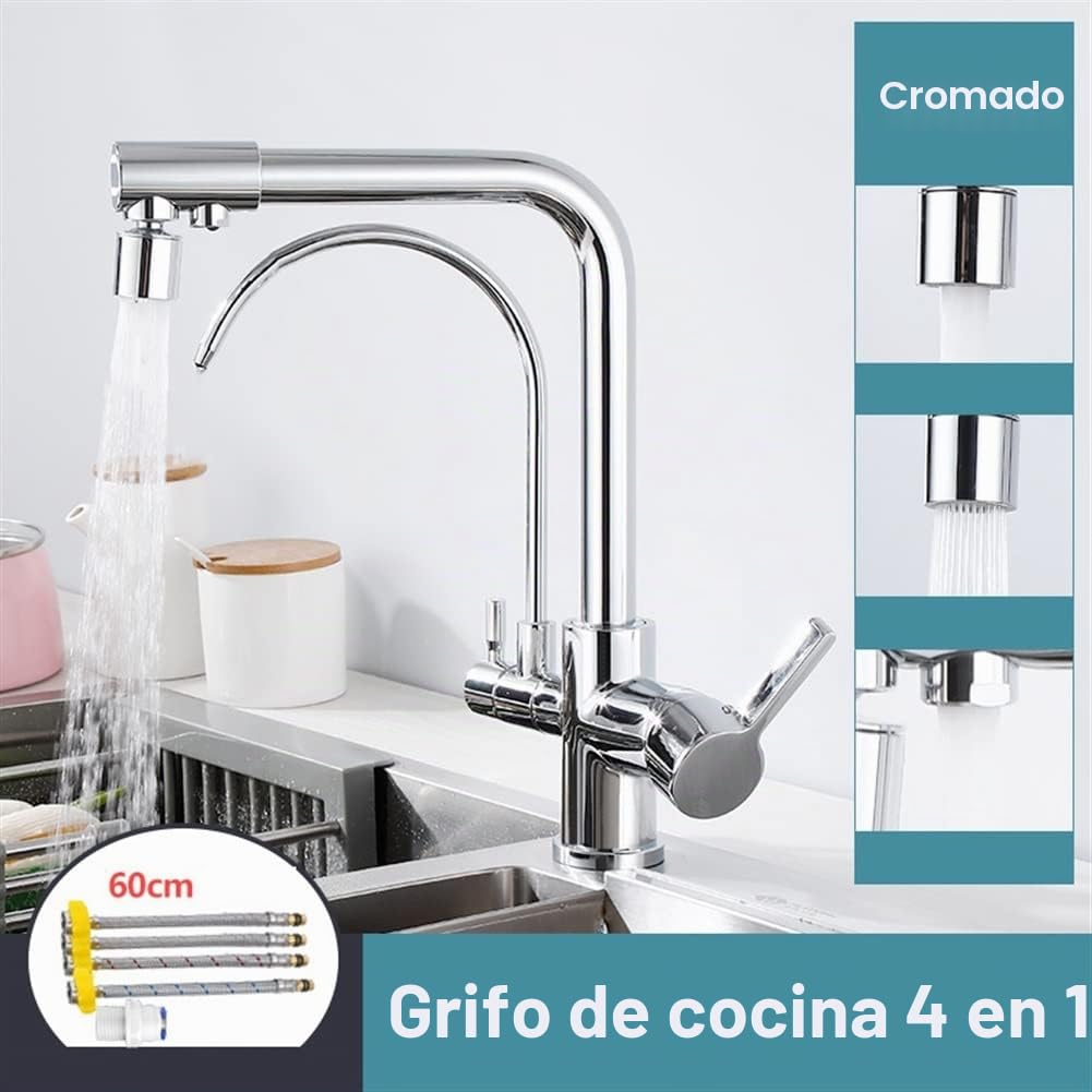 Grifos de Cocina de 4 vías Ósmosis con Grifo de Filtro de Agua Potable, 4 en 1 Grifo de Filtro Mezclador de Cocina, Giratorio de 360 Grados, manija Doble de latón Macizo (Color : Chrome)