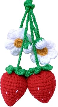 Laquedecraft 2 Handmade Crochet Strawberry Ornaments, Strawberry Accessories car, Cute Car Accessories for Rear View Mirror, Hanging Car Charm for Women Like Hangng Plant, House Decorations