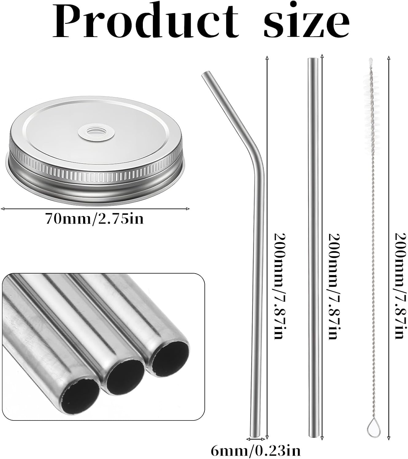 9 PCS Stainless Steel Mason Jar Lids with Straw Hole, Reusable Mason Jar Drinking Lids Metal Regular Mouth Canning Lid Storage Covers Caps with Silicone Ring and Cleaning Straws for Juices Milk, Tea