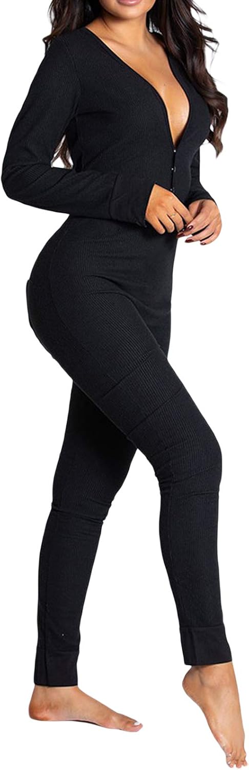 Women Sexy V Neck Jumpsuit Pajamas Long Sleeve Bodysuit Romper Sleepwear with Drop Seat Butt Flap