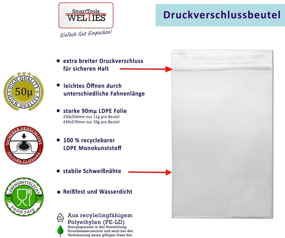 Druckverschlussbeutel 90µ 220 x 310 mm; 300 Stück transparent