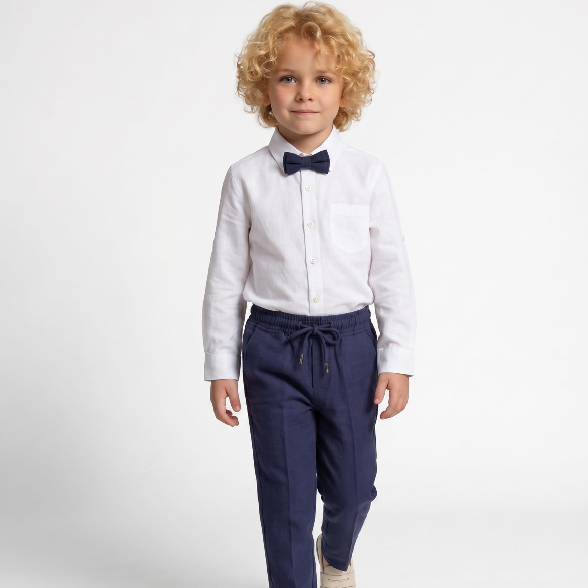 Traje para niños | Conjunto de 4 piezas de tela de licra flexible y cómodo 100% algodón, camisa, pantalones, chaqueta y pajarita | con elastano para fiesta y ropa formal para niños