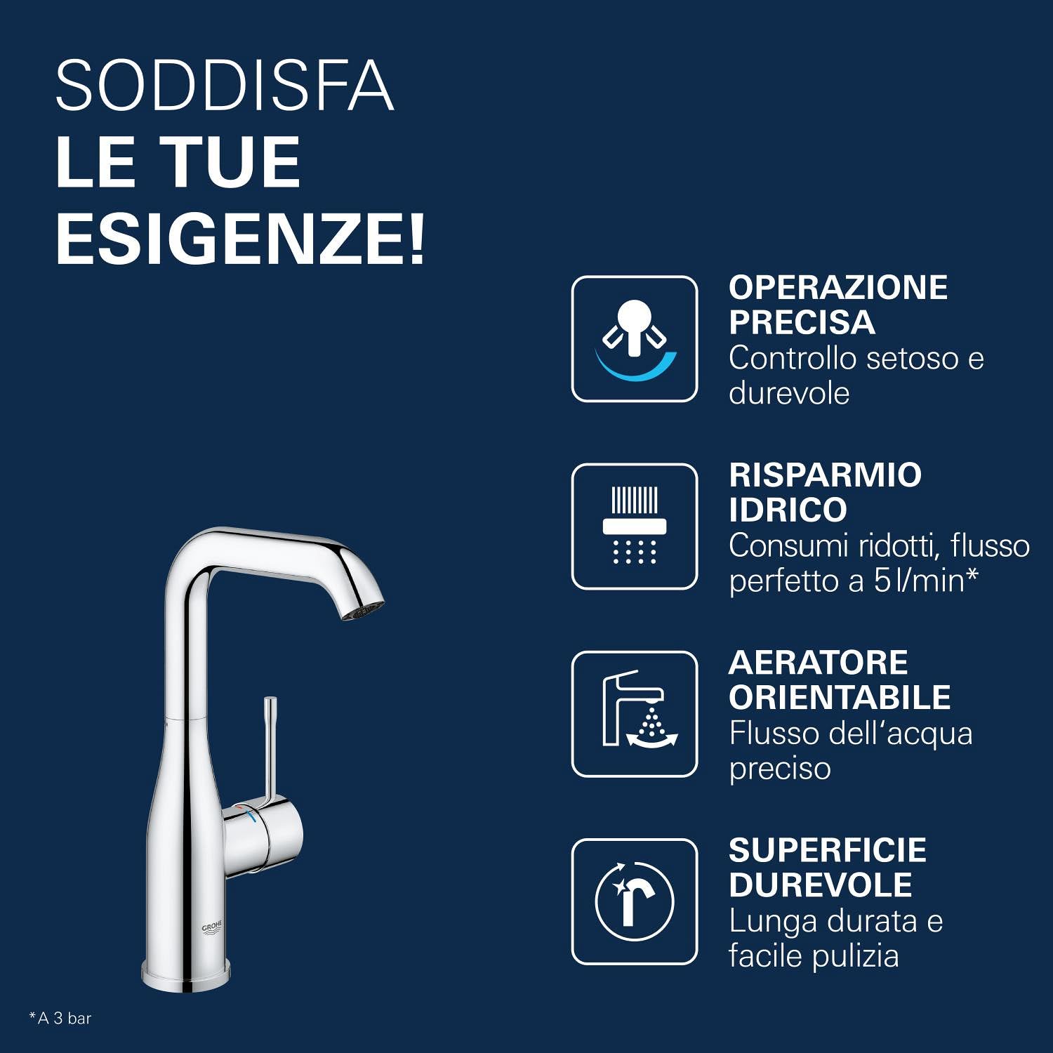 GROHE Essence New Rubinetto Miscelatore Monocomando a Bocca Alta per Lavabo Ecojoy, Cromo, L 23541001