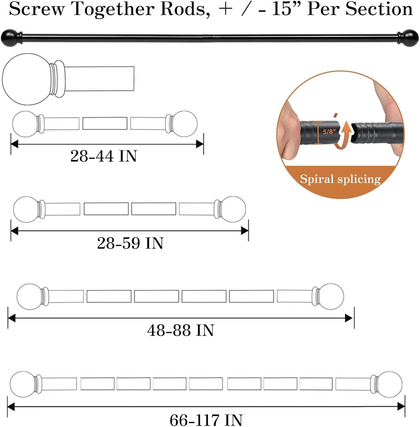 Curtain Rod for Windows 60 to 120 Inch, 5/8 inch Matte Black Decorative Splicing Metal Drapery Curtain Rod Set with Brackets for Bedroom, Cafe, Farmhouse