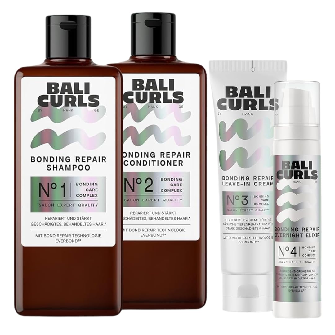 Bali Curls - Kit de reparación de unión de 4 pasos para el cuidado y reparación de rizos dañados, champú, acondicionador, elixir de secado y overnight