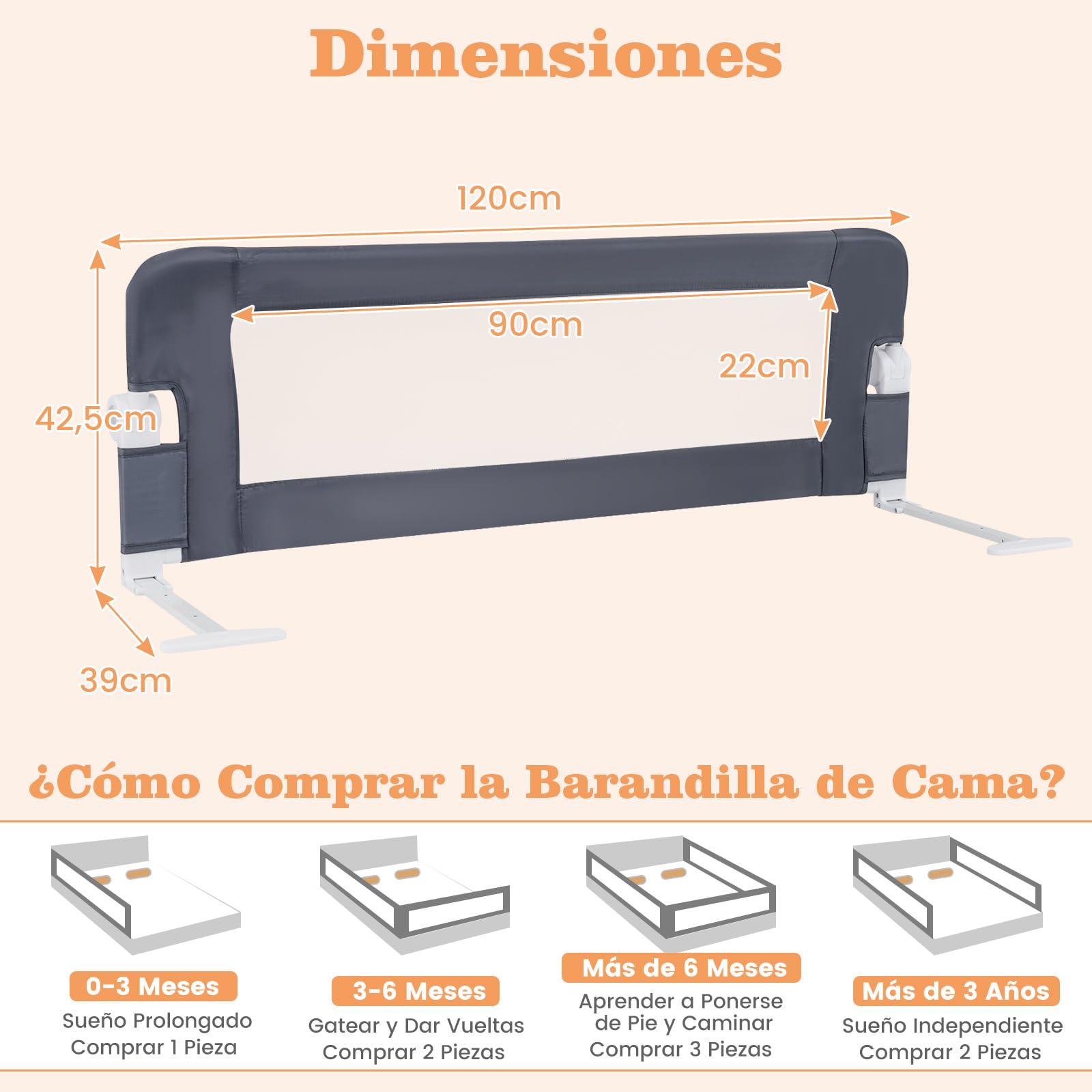 COSTWAY Riel de Cama Plegable Barandilla para la Cama Protección para Bebé Barrera de Cama para Cama Individual/Cama Matrimonial (120x42cm, Gris)