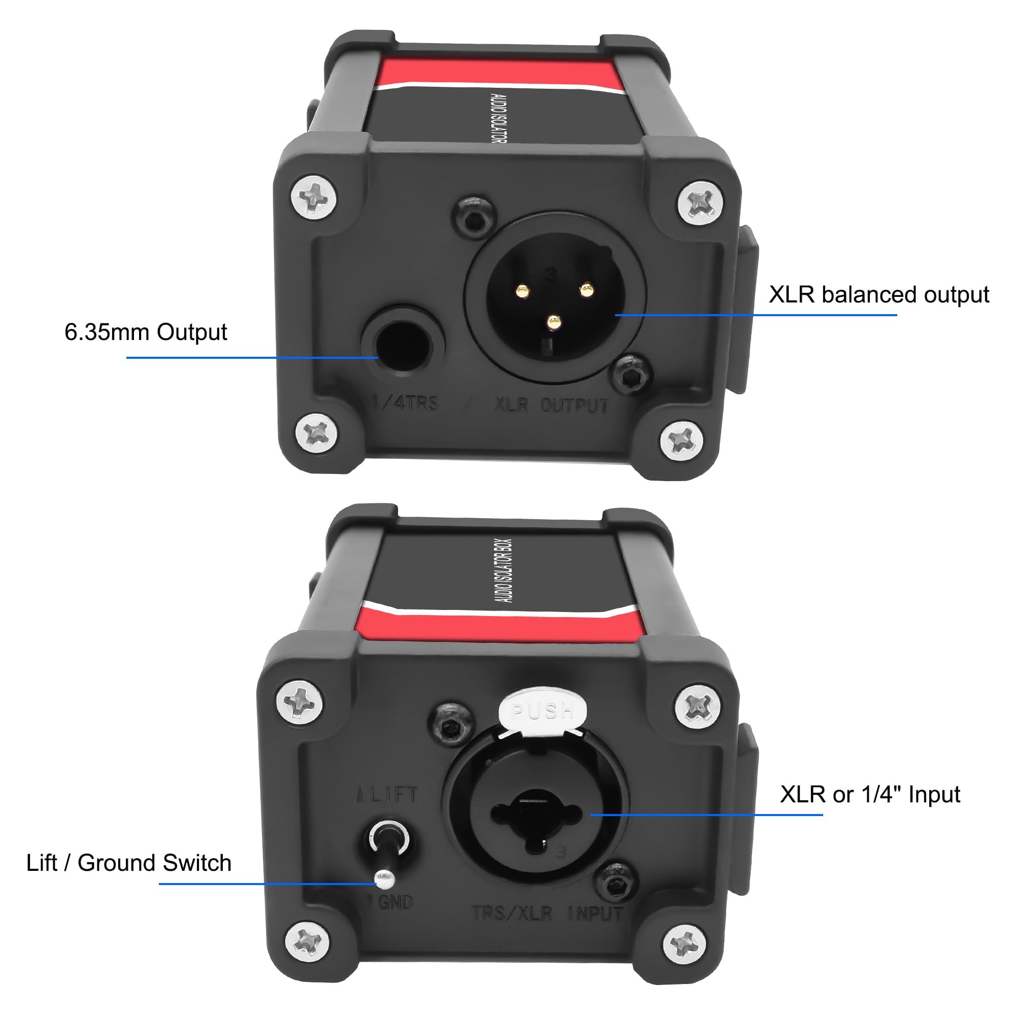XMSJSIY Caja aislante de audio XLR/1/10.2 cm 6.35 mm TRS TS transformador de aislamiento de bucle de tierra con interruptor de tierra y elevación para mezcladores de alta fidelidad, subwoofer y