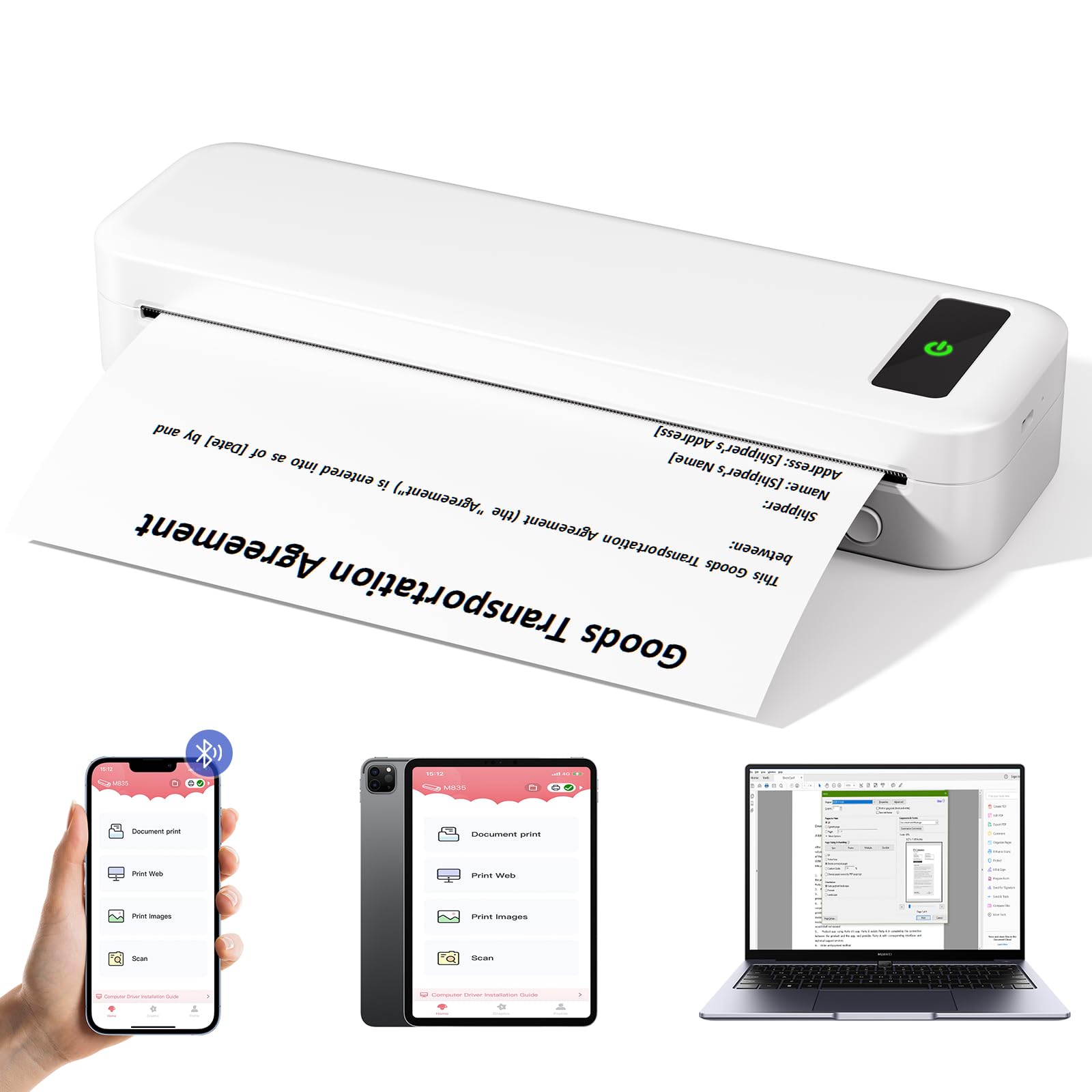 PokeLabel Thermal Printer A4, Portable Printer A4, 300dpi Portable A4 Thermal Printer, M835 Wireless Bluetooth Small Inkless Printer Compatible with Phone iPad Laptops, Compact Home Use, White