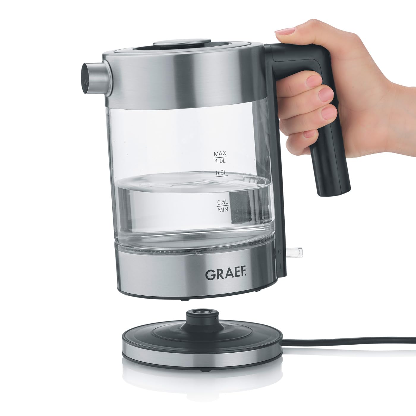 Hervidor de vidrio GRAEF WK300 - hervidor de 1 litro, vidrio SCHOTT DURAN, acero inoxidable, LED, marca de nivel de llenado, base de 360°, filtro antical, potente 2200 vatios