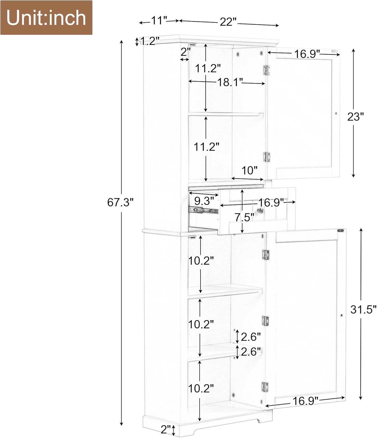 Detailed diagram showing the dimensions of the Virubi Tall Narrow Storage Cabinet in inches, including height, width, depth, and internal shelf and drawer measurements.