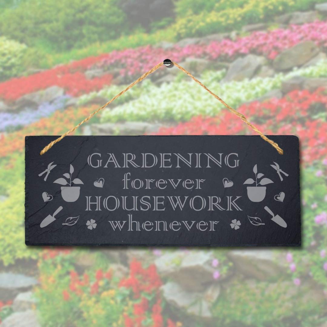 Stukk Natural Engraved Slate Stone Plaque Forever Housework Whenever Hanging Garden Sign, 30X12cm