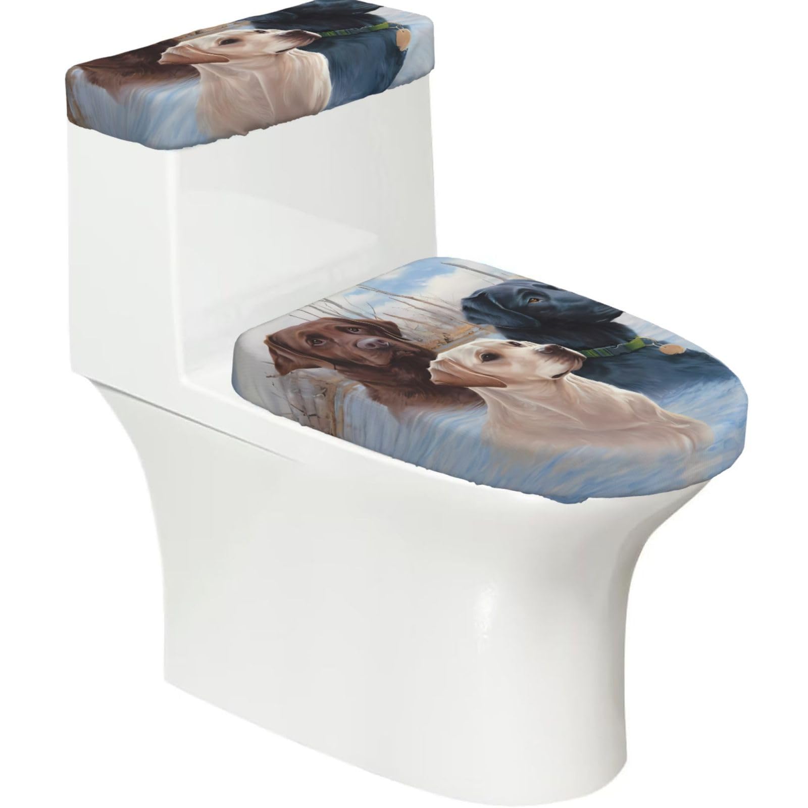 Labrador Dogs 2-Piece Toilet Seat Cover Set with Tank Lid - Elastic for U-Shape & Elongated - Bathroom Decor