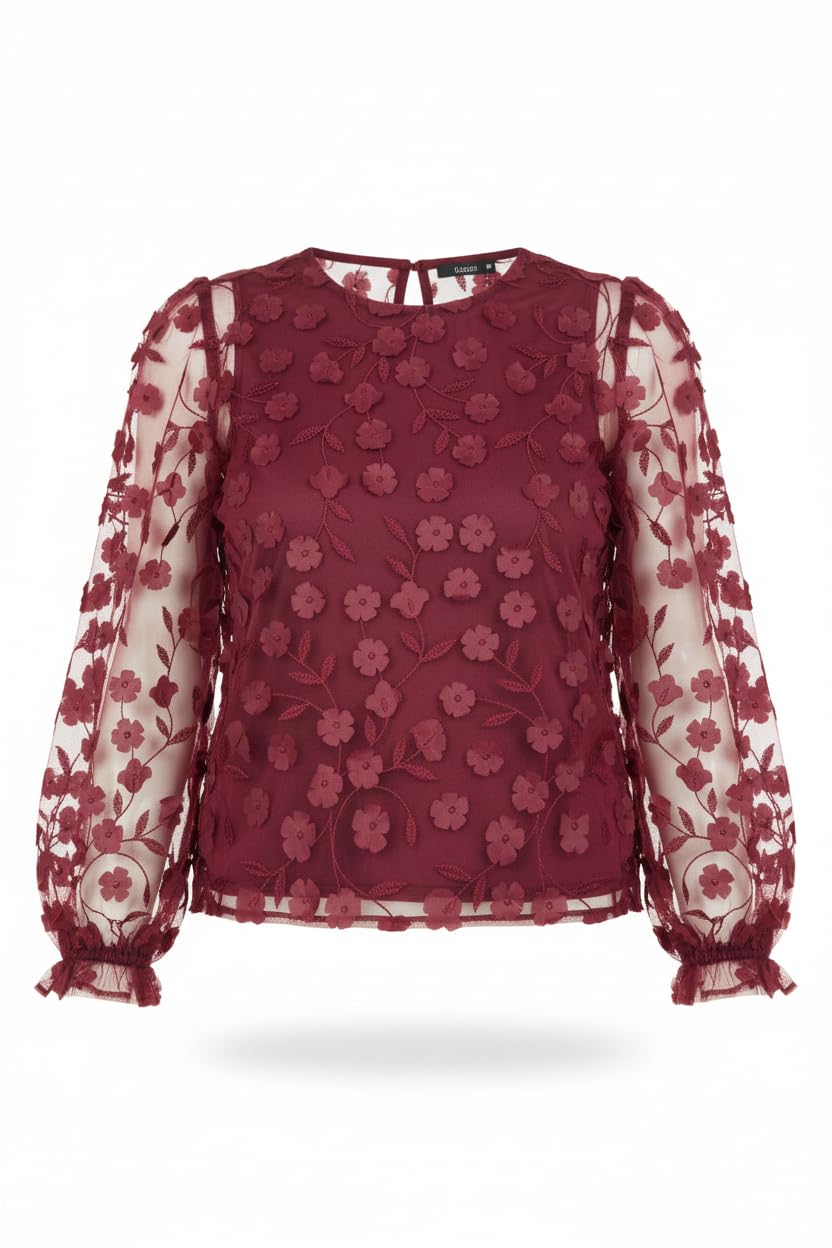 Yumi Women's Burgundy Sheer Sleeve Applique Flower Top | Size: 8